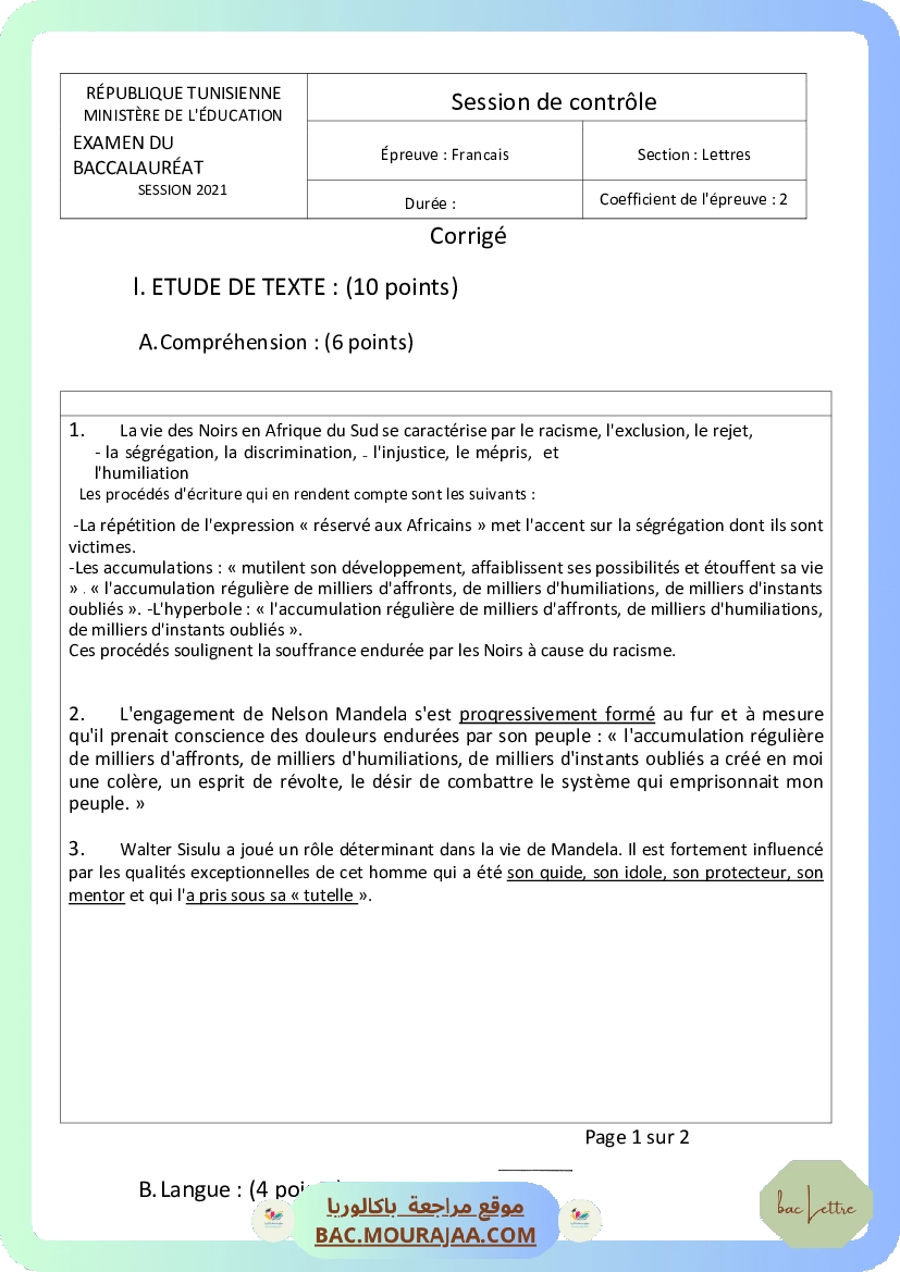 Corrigé controle francais Bac 2021 – Section lettre